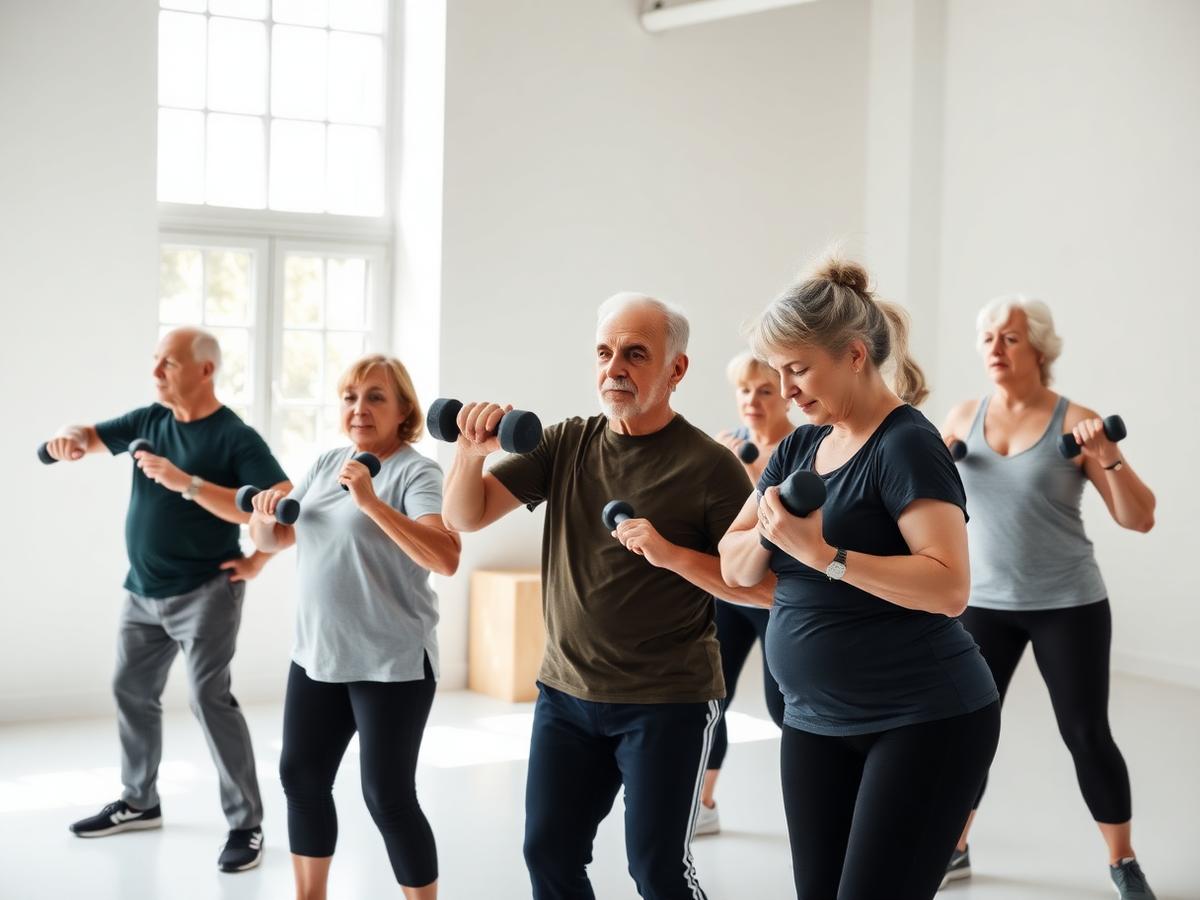 Adults over 50 training with light dumbbells in a bright studio