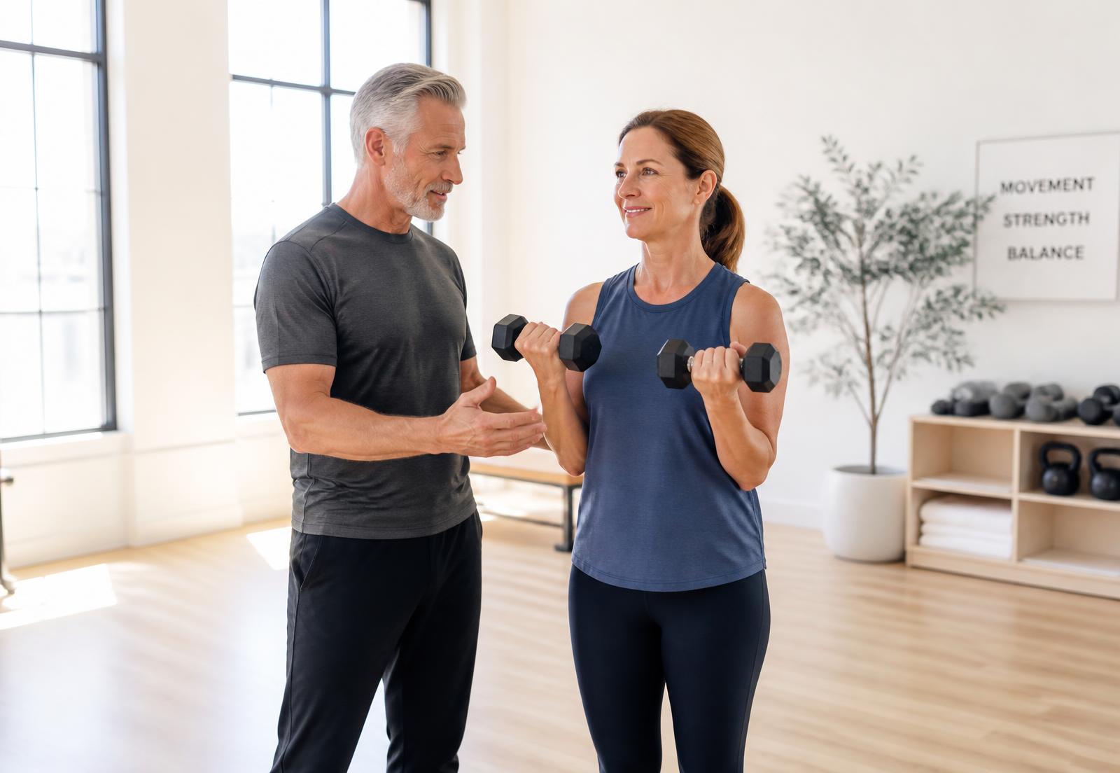 Personal trainer coaching an adult client through a dumbbell exercise in a bright studio